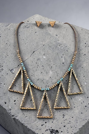 TRIANGLE CHARMS DANGLE BEADED NECKLACE EARRING SET
