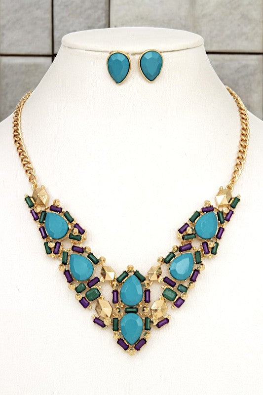 FACETED JEWEL GEM PAVE NECKLACE SET