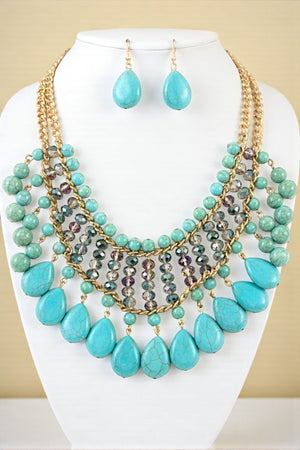 GLASS BEAD GEMSTONE DANGLE BIB NECKLACE SET