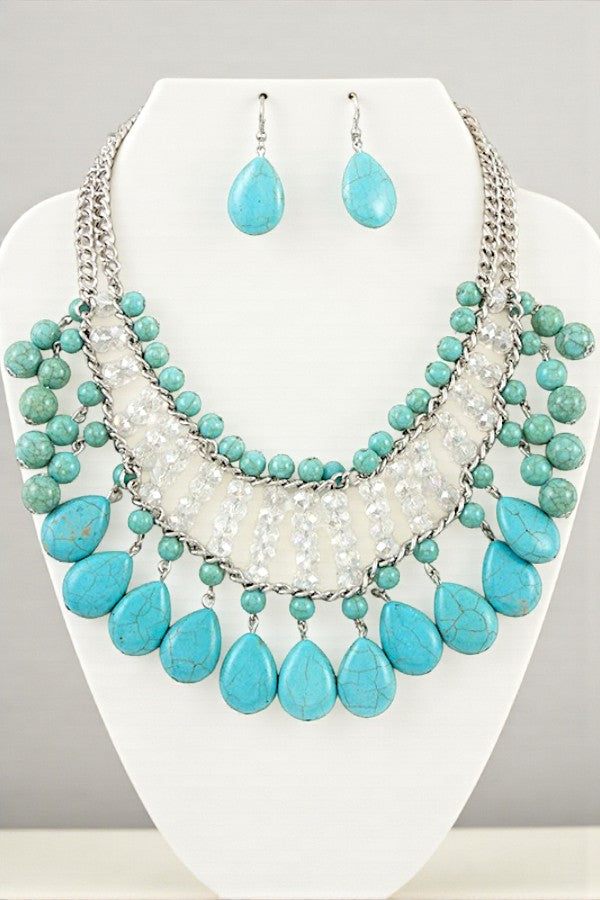 GLASS BEAD GEMSTONE DANGLE BIB NECKLACE SET