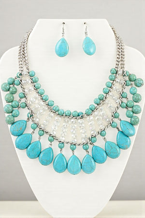 GLASS BEAD GEMSTONE DANGLE BIB NECKLACE SET