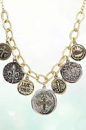 ETCHED CROSS DANGLE DISK CHARMSBNECKLACE SET