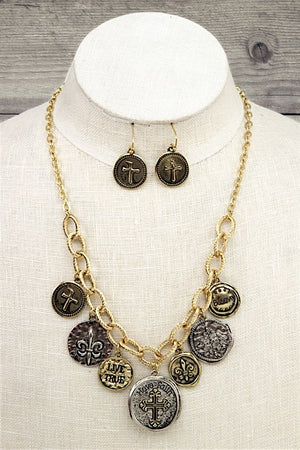 ETCHED CROSS DANGLE DISK CHARMSBNECKLACE SET