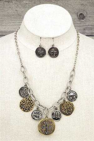 ETCHED CROSS DANGLE DISK CHARMSBNECKLACE SET