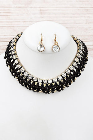 BRAIDED CHAIN RHINESTONE ACCENT COLLAR NECKLACE SET