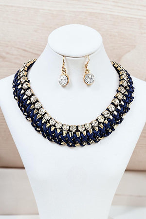 BRAIDED CHAIN RHINESTONE ACCENT COLLAR NECKLACE SET