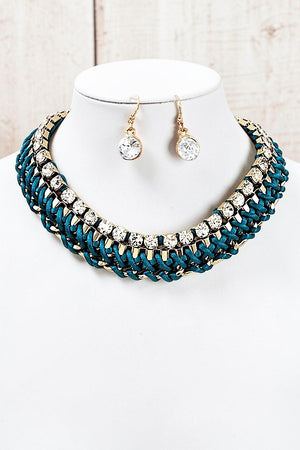 BRAIDED CHAIN RHINESTONE ACCENT COLLAR NECKLACE SET