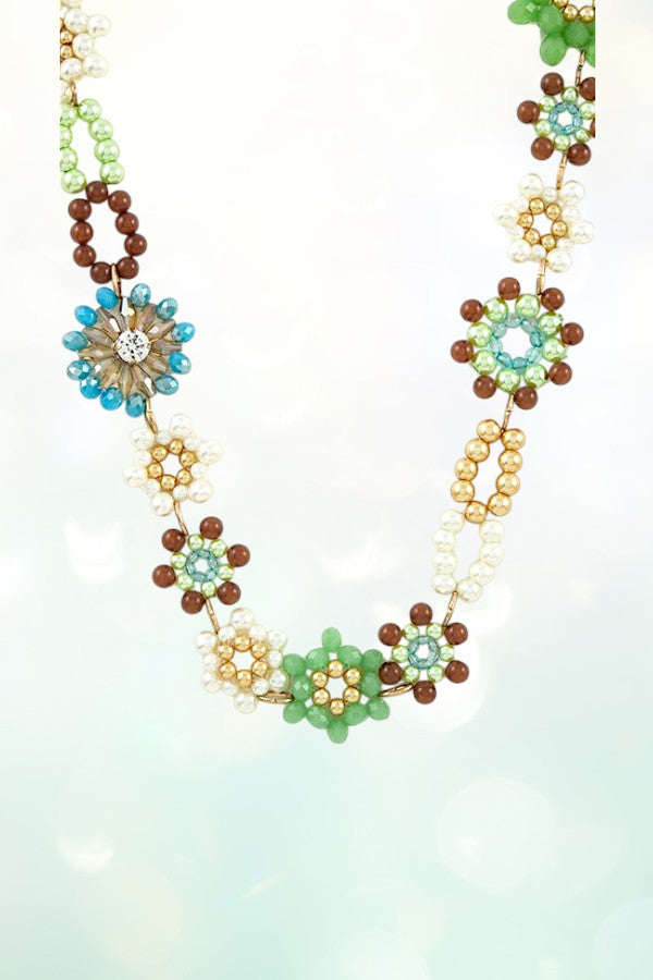 CRYSTAL FLOWER BEAD LONG NECKLACE SET