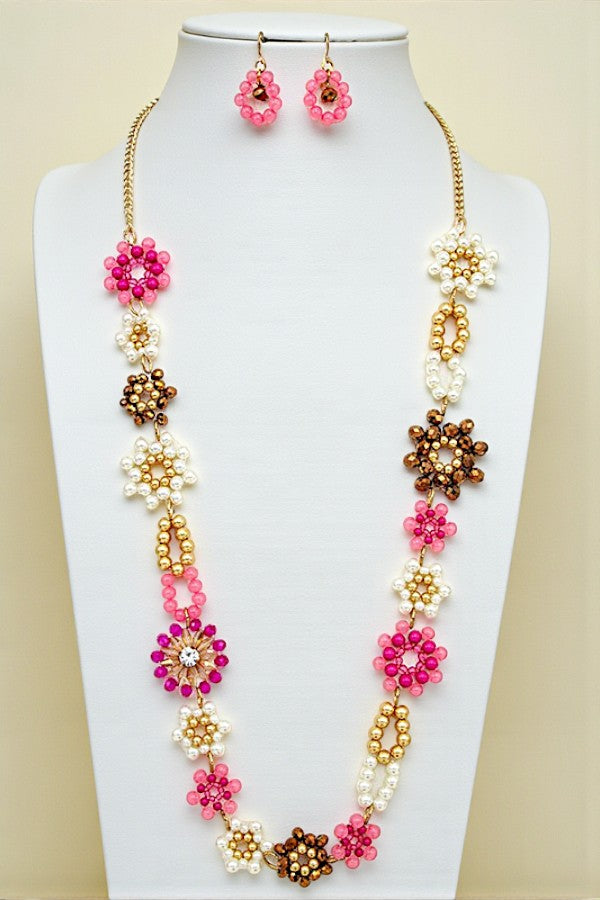 CRYSTAL FLOWER BEAD LONG NECKLACE SET