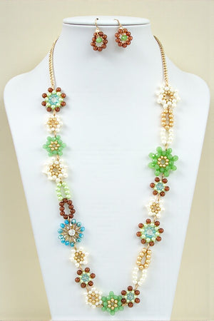 CRYSTAL FLOWER BEAD LONG NECKLACE SET