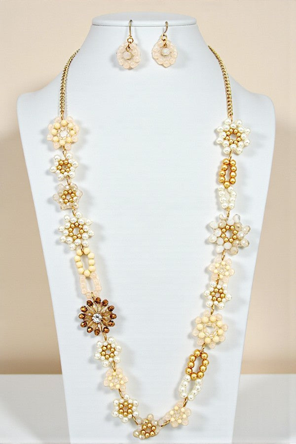 CRYSTAL FLOWER BEAD LONG NECKLACE SET