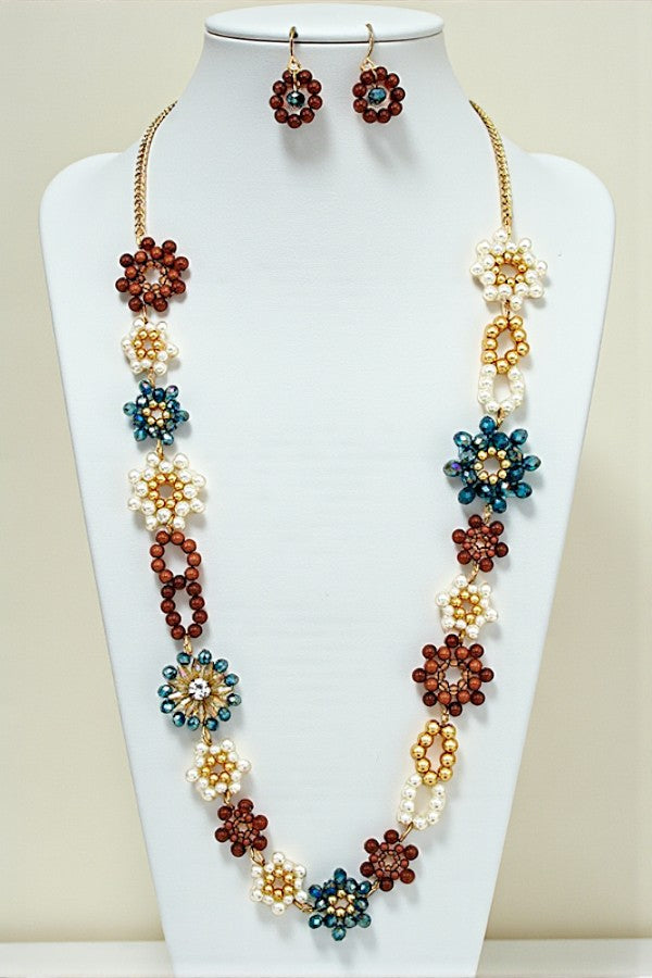 CRYSTAL FLOWER BEAD LONG NECKLACE SET