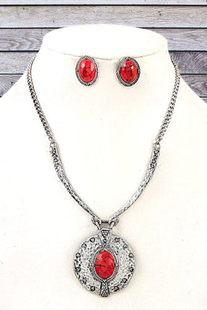 WESTERN GEMSTONE ETCHED PENDANT NECKLACE SET