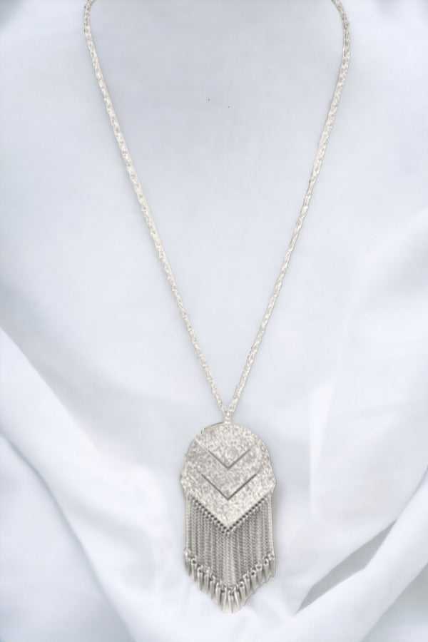 Oblong Chevron Fringe Pendant Necklace