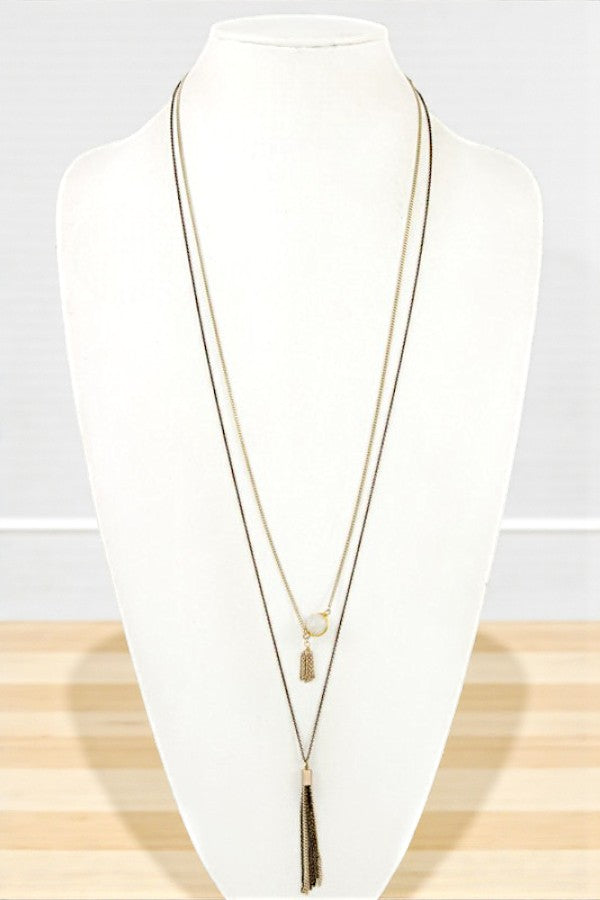 GEMSTONE PENDANT CHAIN TASSEL LAYERED NECKLACE