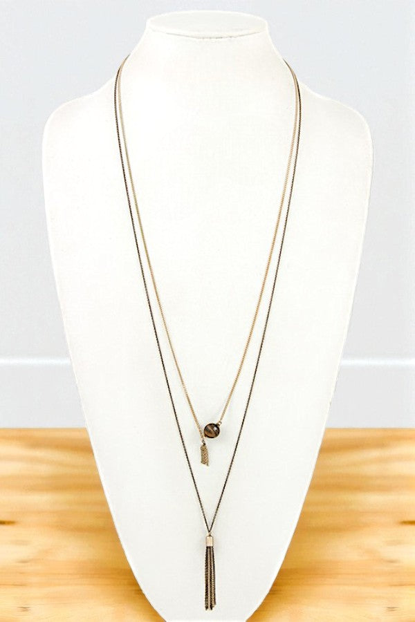 GEMSTONE PENDANT CHAIN TASSEL LAYERED NECKLACE