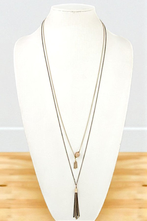 GEMSTONE PENDANT CHAIN TASSEL LAYERED NECKLACE