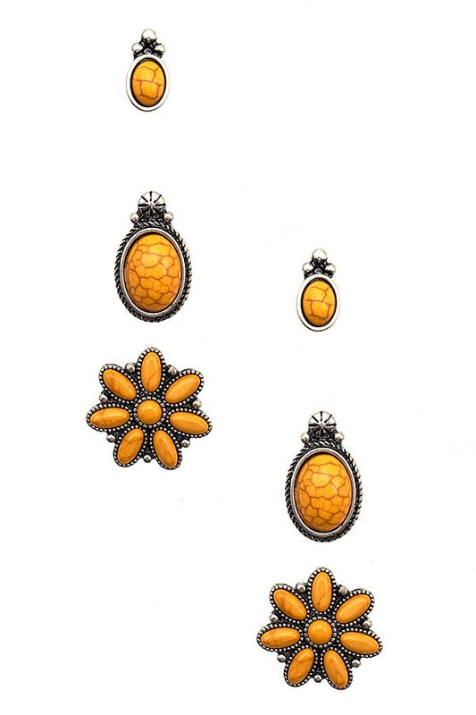 OVAL FLORAL FRAMED GEM POST EARRING SET