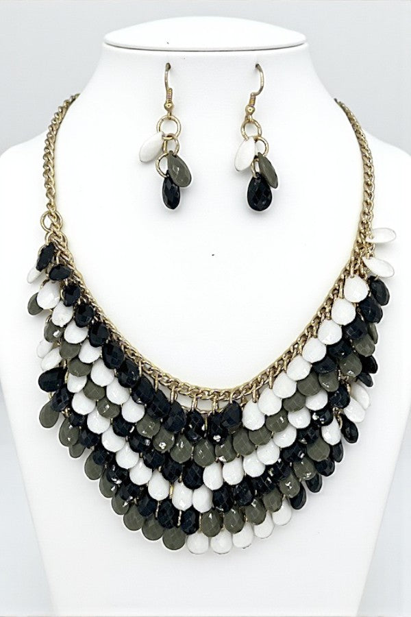 FACETED TEARDROP BEAD CLUSTER BIB NECKLACE SET