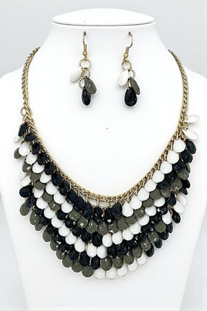 FACETED TEARDROP BEAD CLUSTER BIB NECKLACE SET