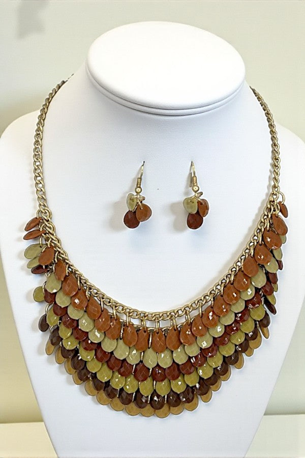 FACETED TEARDROP BEAD CLUSTER BIB NECKLACE SET