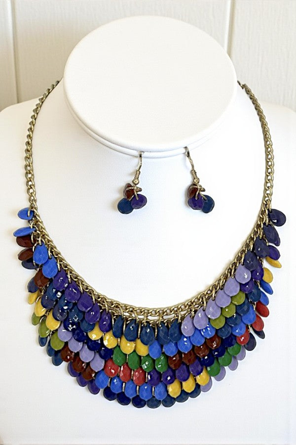 FACETED TEARDROP BEAD CLUSTER BIB NECKLACE SET