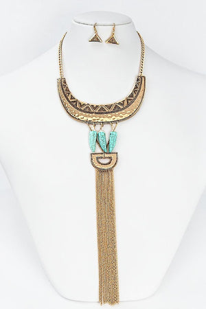TQ ACCENT CHAIN TASSEL DROP ETCHED CURVE BAR STATEMENT NECKLACE SET