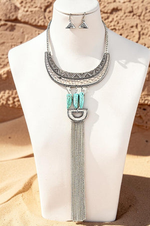 TQ ACCENT CHAIN TASSEL DROP ETCHED CURVE BAR STATEMENT NECKLACE SET