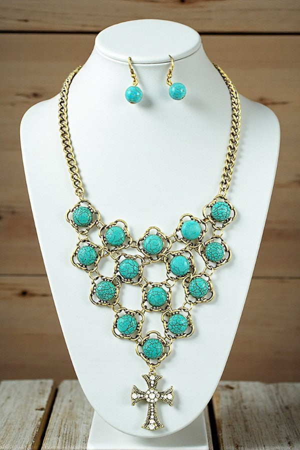 CHAIN FRAMED TQ GEMSTONE BIB NECKLACE SET