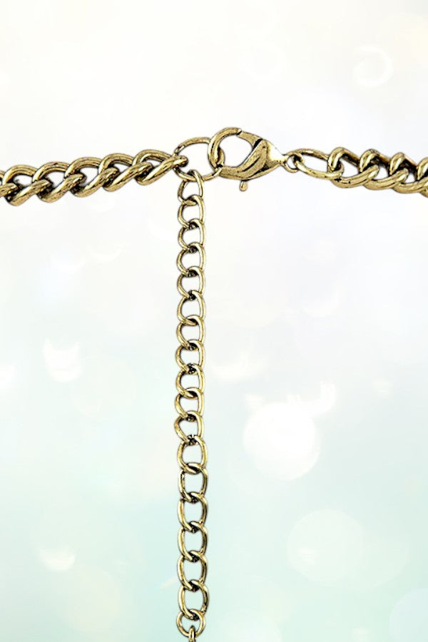 CHAIN FRAMED TQ GEMSTONE BIB NECKLACE SET