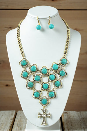 CHAIN FRAMED TQ GEMSTONE BIB NECKLACE SET