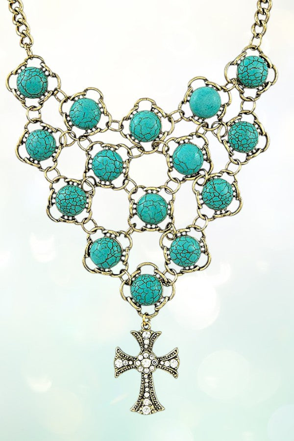 CHAIN FRAMED TQ GEMSTONE BIB NECKLACE SET