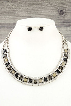 SQUARE GEM LINK BIB NECKLACE SET
