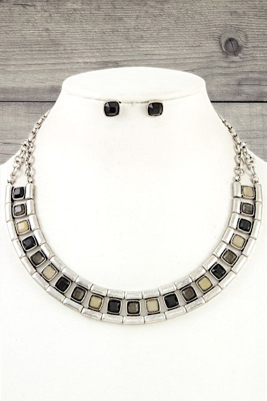 SQUARE GEM LINK BIB NECKLACE SET