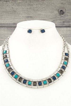 SQUARE GEM LINK BIB NECKLACE SET
