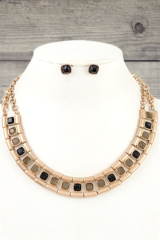 SQUARE GEM LINK BIB NECKLACE SET