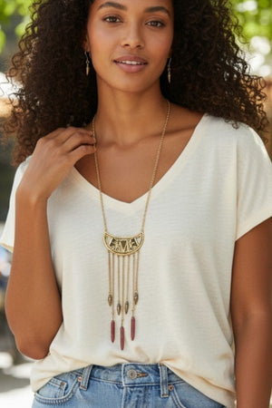 TRIBAL THEME DROP CHAIN CHARM PENDANT CUT OUT LONG NECKLACE AND MATCHING EARRING SET