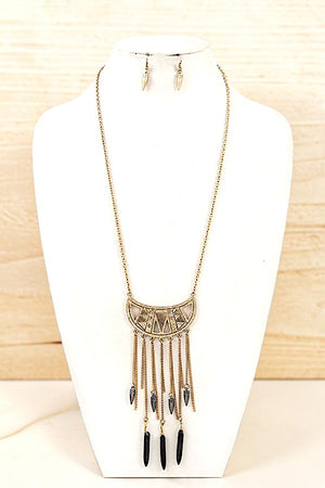TRIBAL THEME DROP CHAIN CHARM PENDANT CUT OUT LONG NECKLACE AND MATCHING EARRING SET