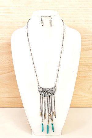 TRIBAL THEME DROP CHAIN CHARM PENDANT CUT OUT LONG NECKLACE AND MATCHING EARRING SET
