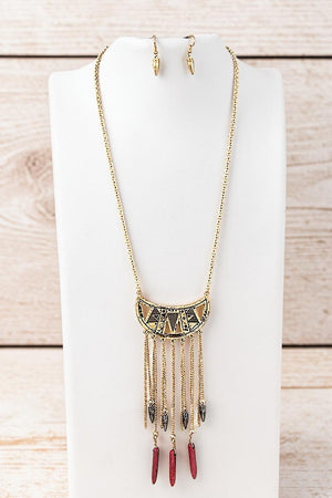 TRIBAL THEME DROP CHAIN CHARM PENDANT CUT OUT LONG NECKLACE AND MATCHING EARRING SET