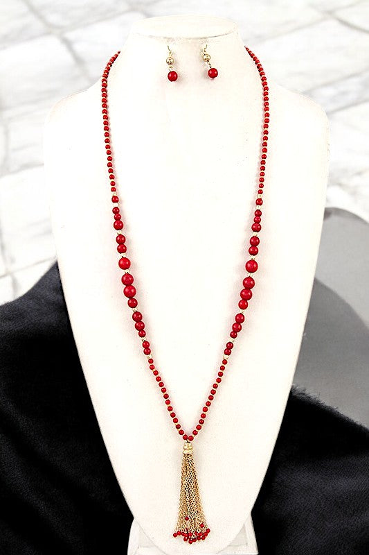 GEM BEAD TASSEL PENDANT LONG NECKLACE SET