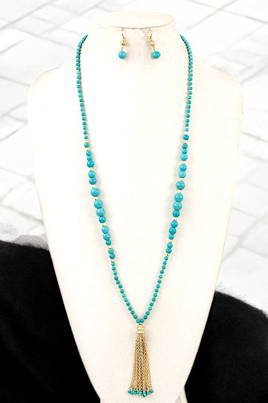 GEM BEAD TASSEL PENDANT LONG NECKLACE SET