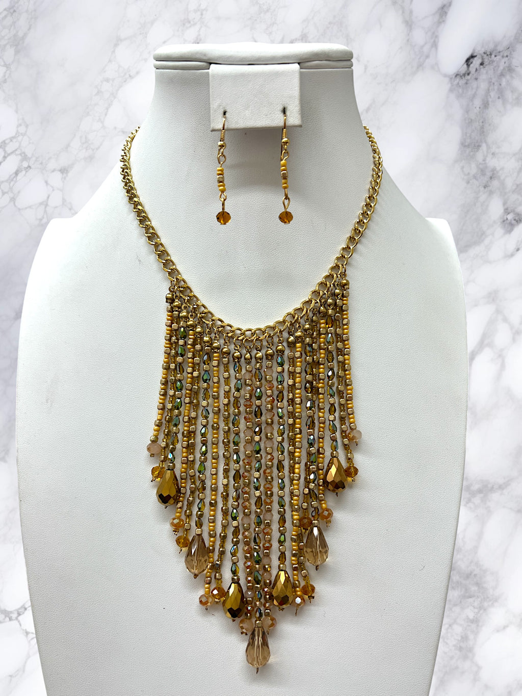 Crystal Beads Drop Dangle Fringe Necklace Set