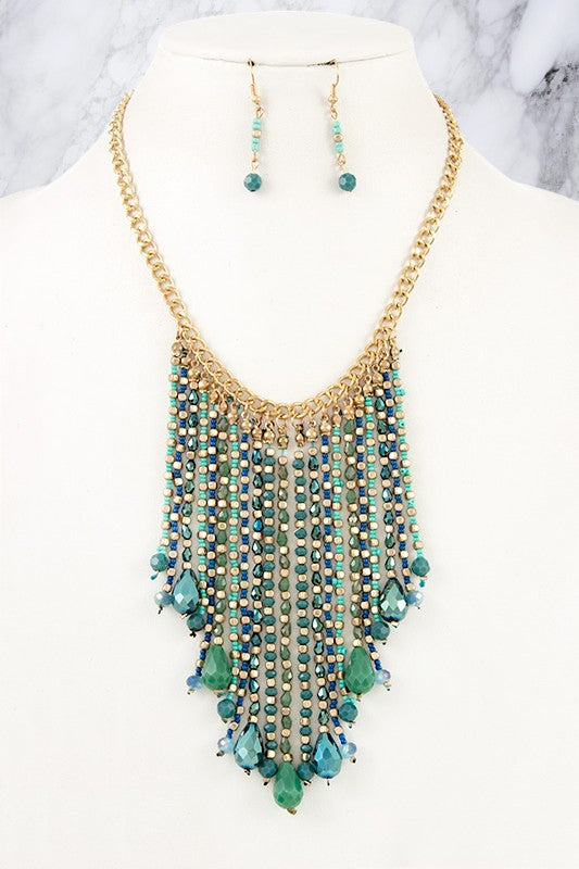 Crystal Beads Drop Dangle Fringe Necklace Set