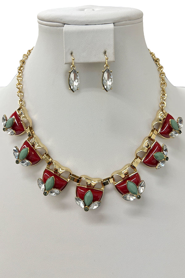 Semi Ornate Half Stone Link Necklace Set