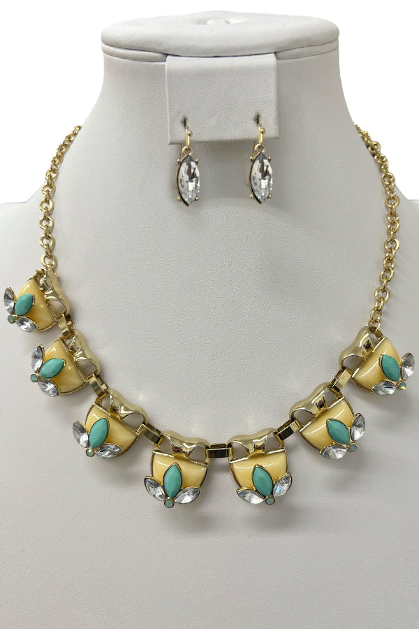 Semi Ornate Half Stone Link Necklace Set