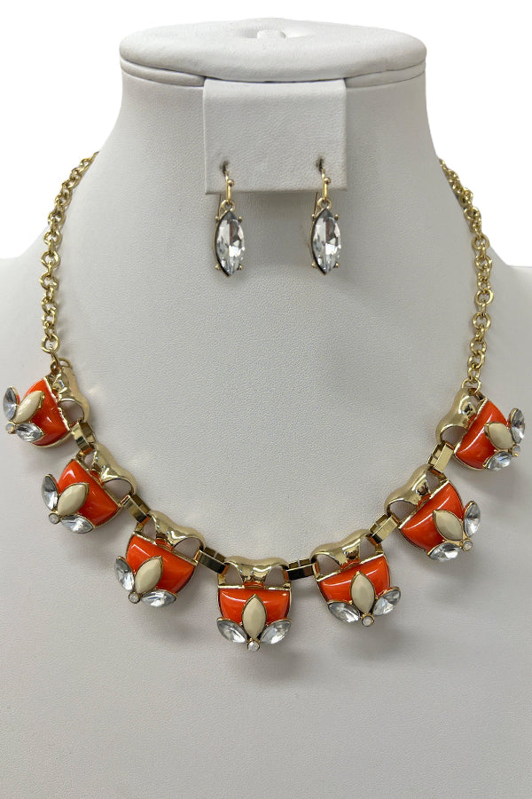 Semi Ornate Half Stone Link Necklace Set