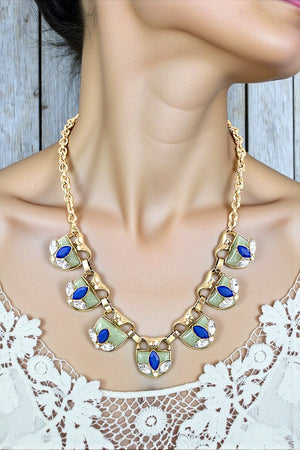 SEMI ORNATE HALF STONE LINK COLLAR NECKLACE SET