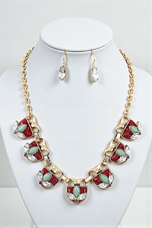 SEMI ORNATE HALF STONE LINK COLLAR NECKLACE SET