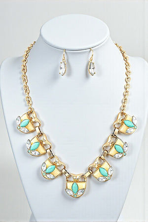 SEMI ORNATE HALF STONE LINK COLLAR NECKLACE SET